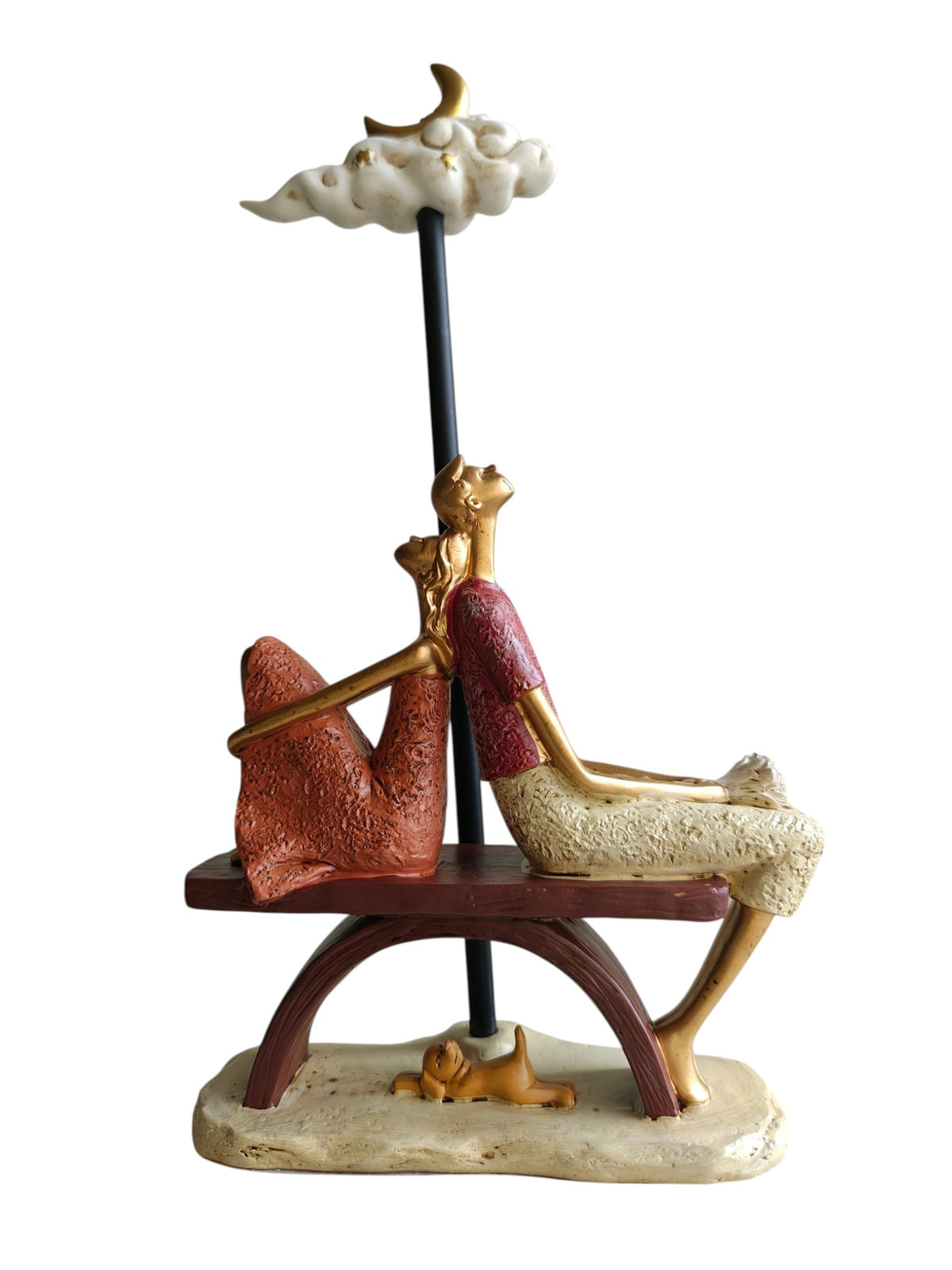 Moonlit Romance - Romantic Couple Sitting on Bench with Dog Figurine