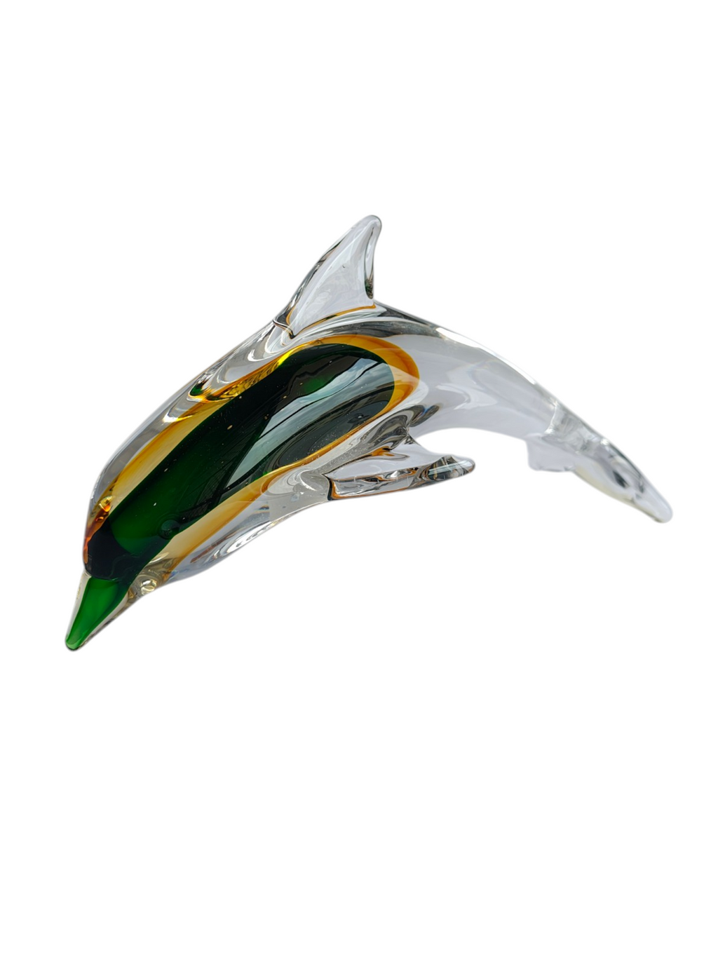 Sunset Splash - Amber & Emerald Handblown Glass Dolphin Figurine