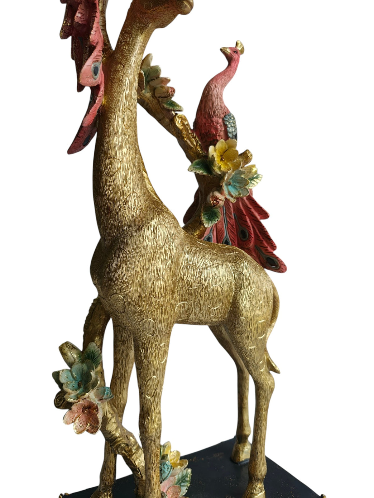 Golden Giraffe with Twin Peacocks Sculpture - Luxury Resin Table Decor