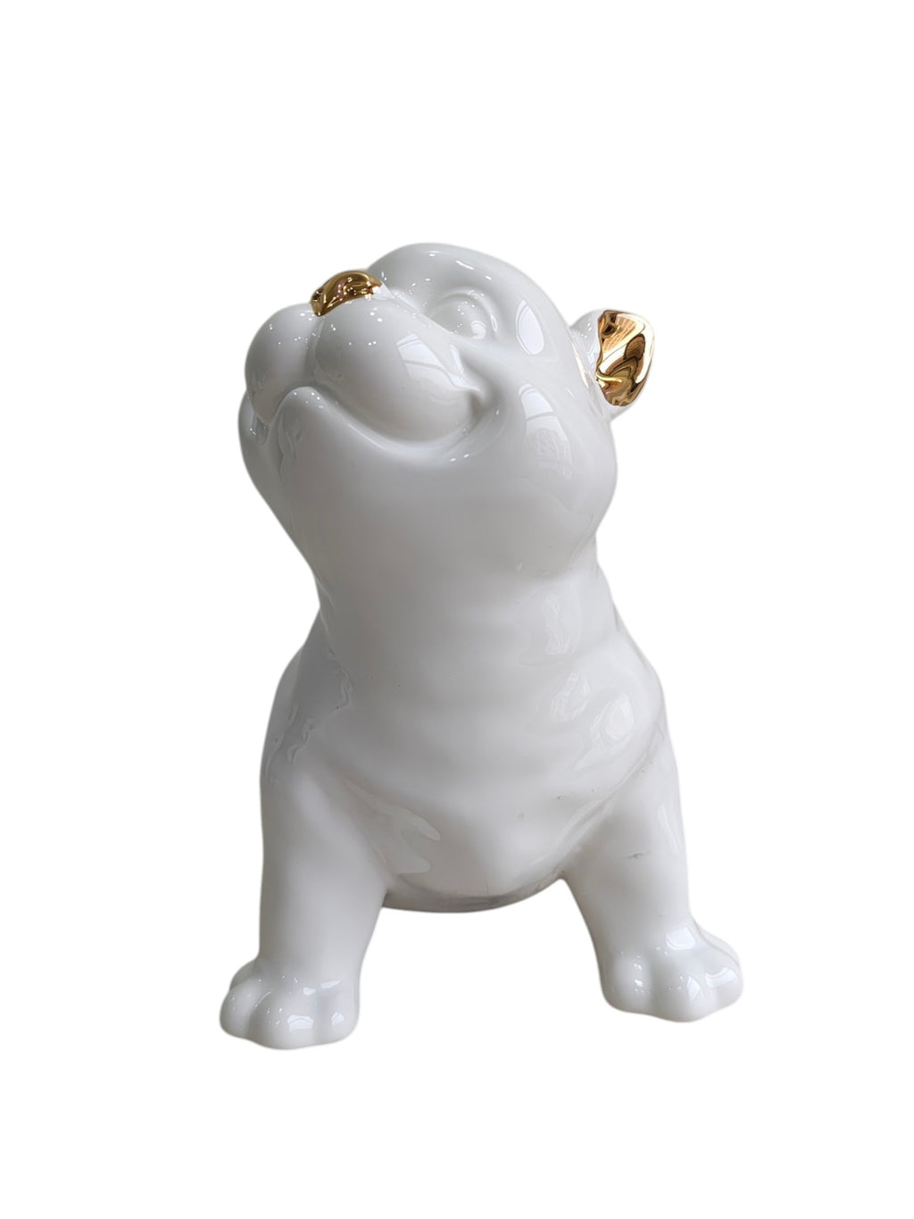 Glossy White Ceramic Puppy Figurine with Golden Accents