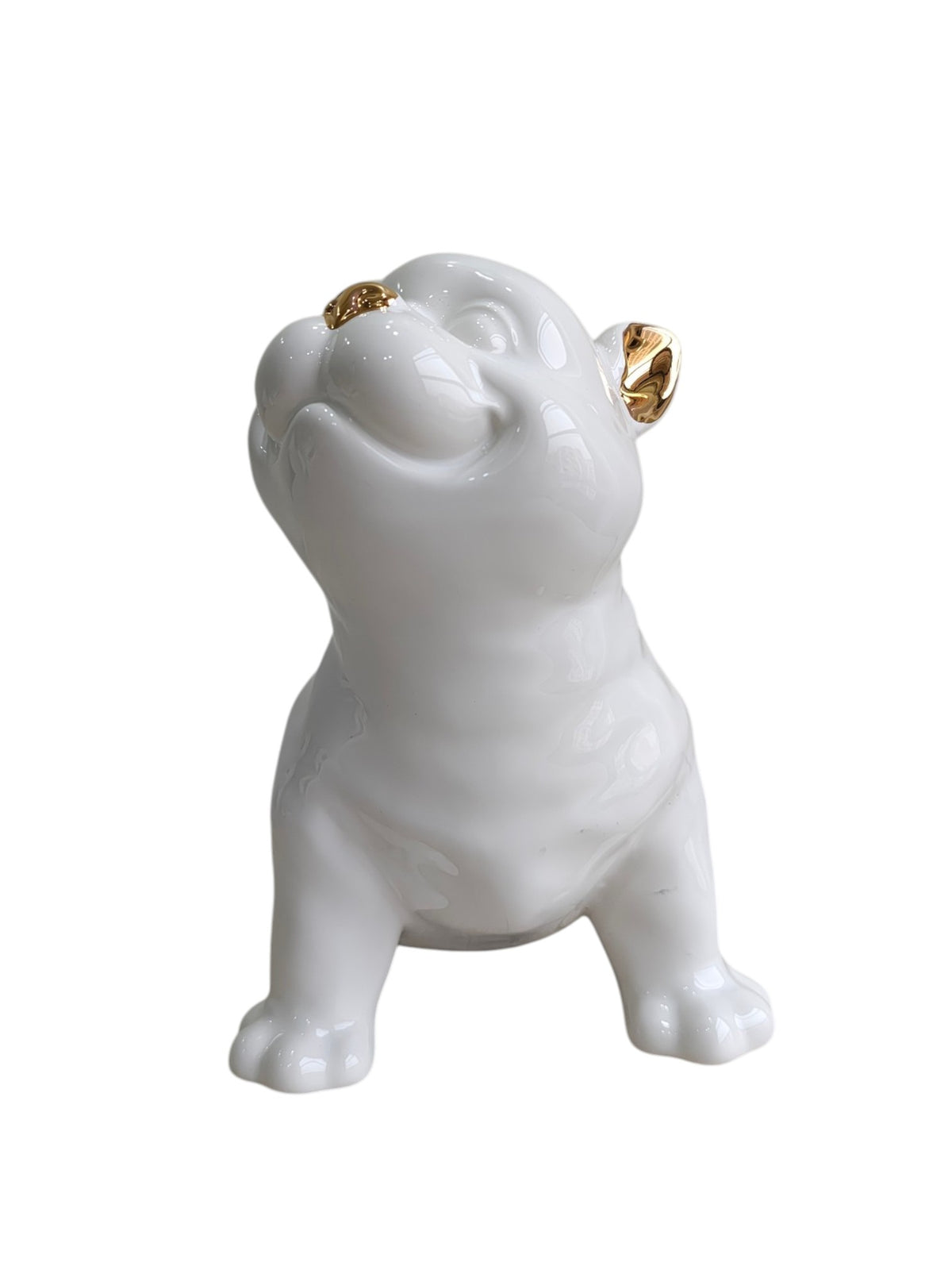 Glossy White Ceramic Puppy Figurine with Golden Accents
