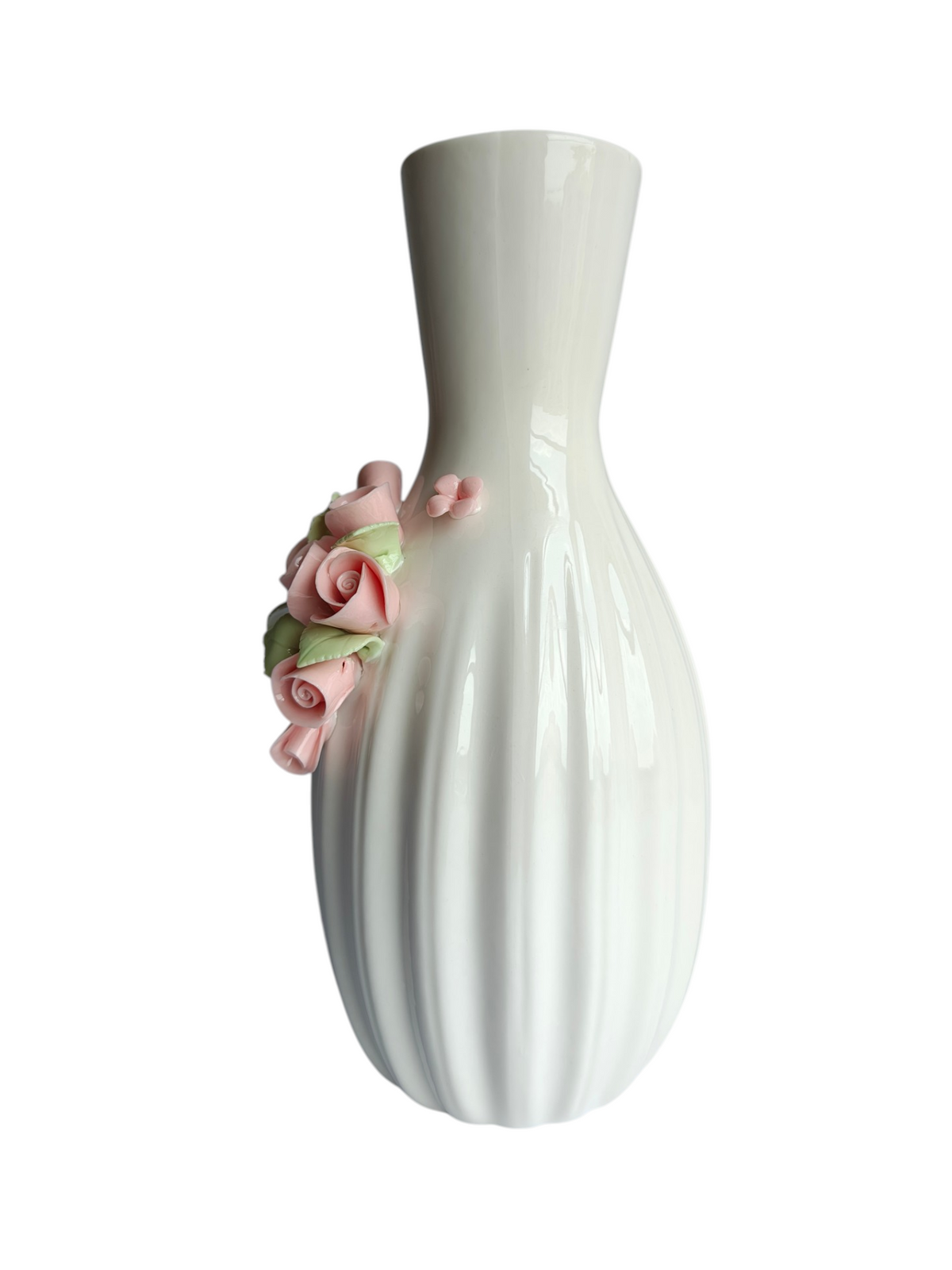 White Ceramic Vase with 3D Pink Rose Applique