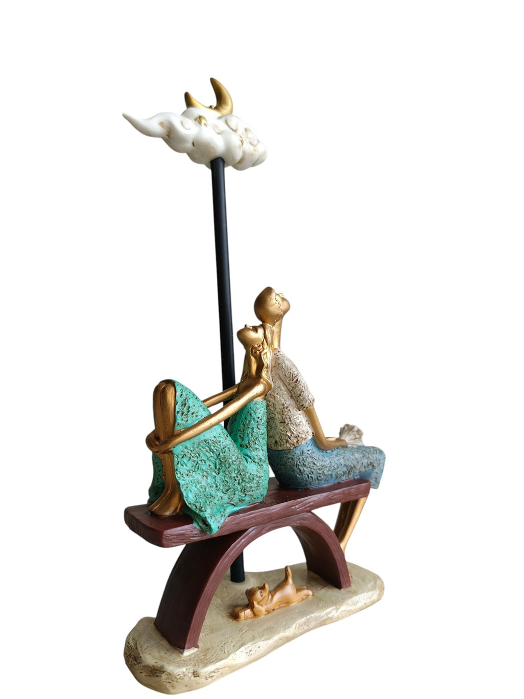 Moonlit Dream Couple - Romantic Bench Figurine with Crescent Moon Cloud (Turquoise Green & Blue)