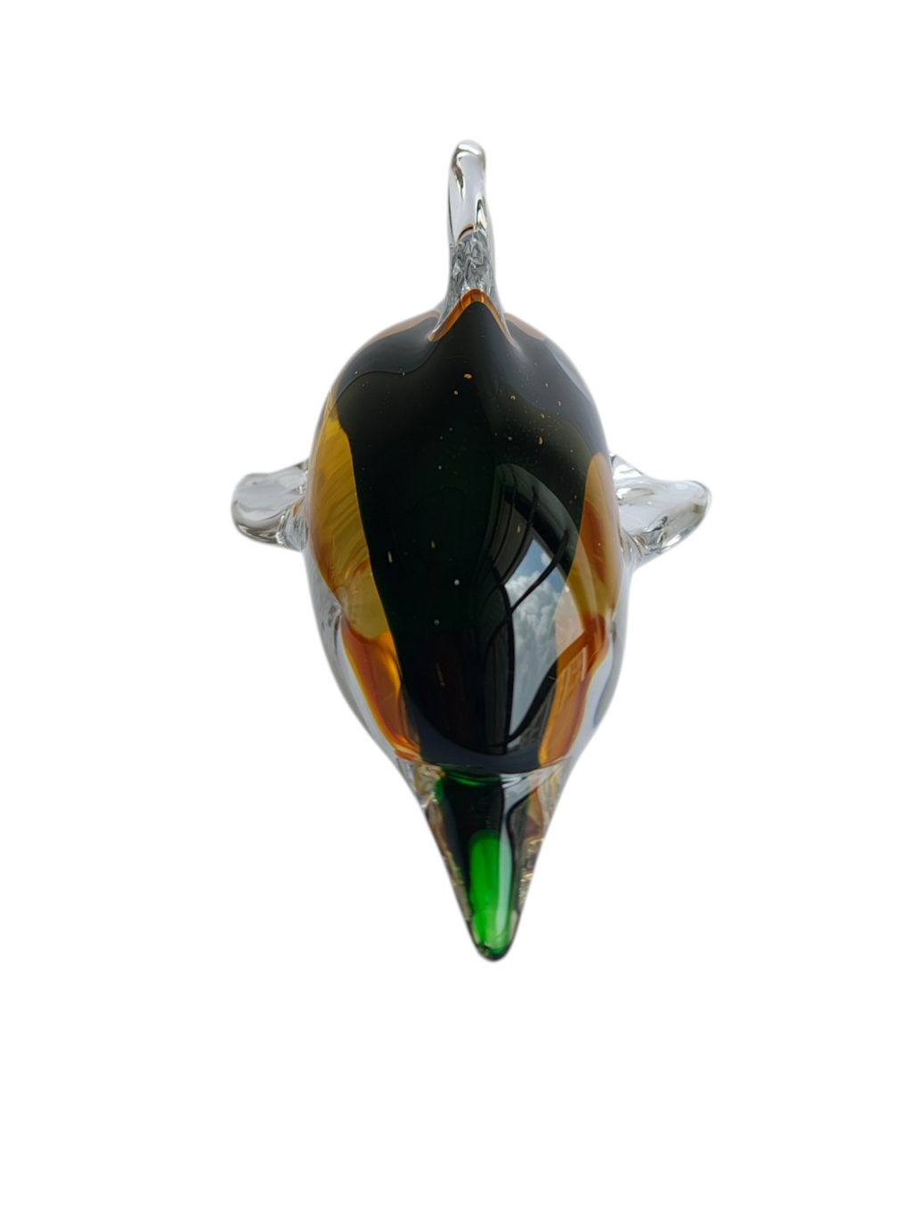 Sunset Splash - Amber & Emerald Handblown Glass Dolphin Figurine