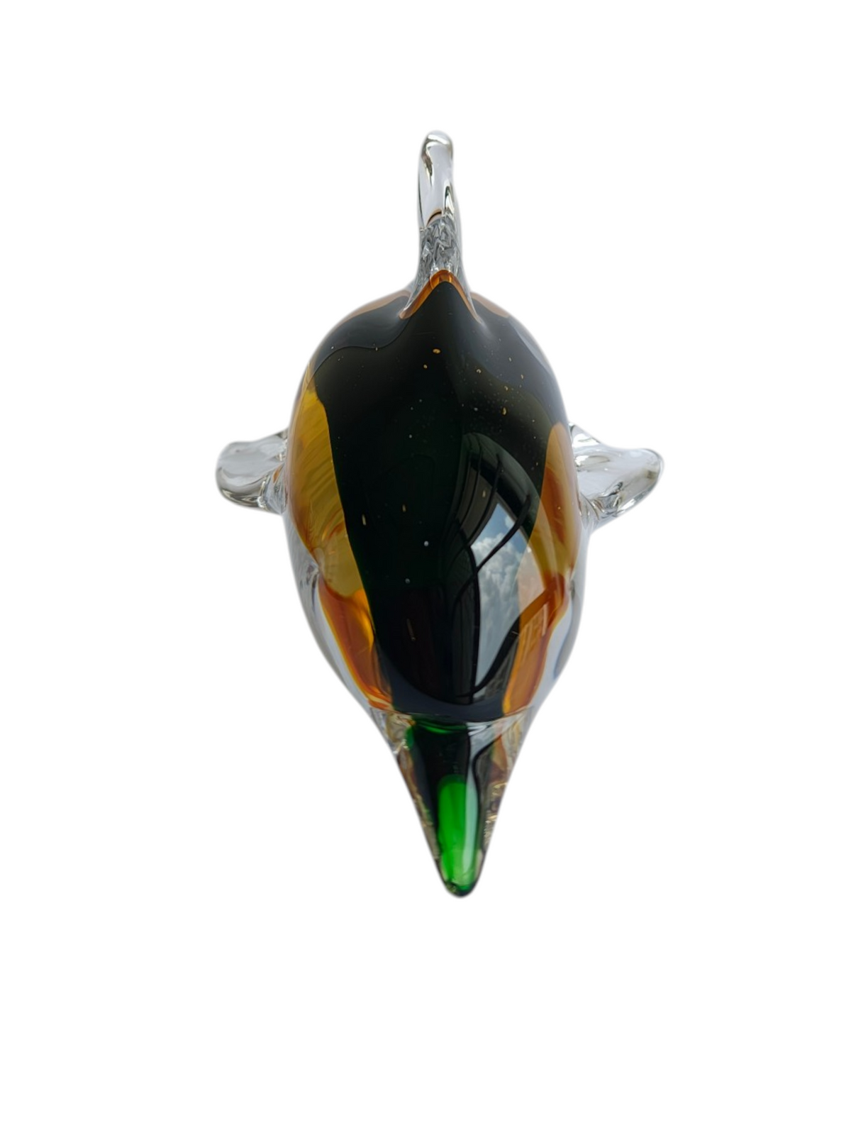 Sunset Splash - Amber & Emerald Handblown Glass Dolphin Figurine