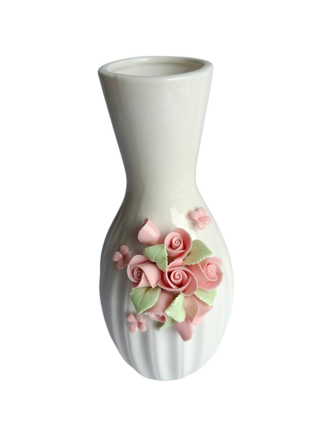 White Ceramic Vase with 3D Pink Rose Applique