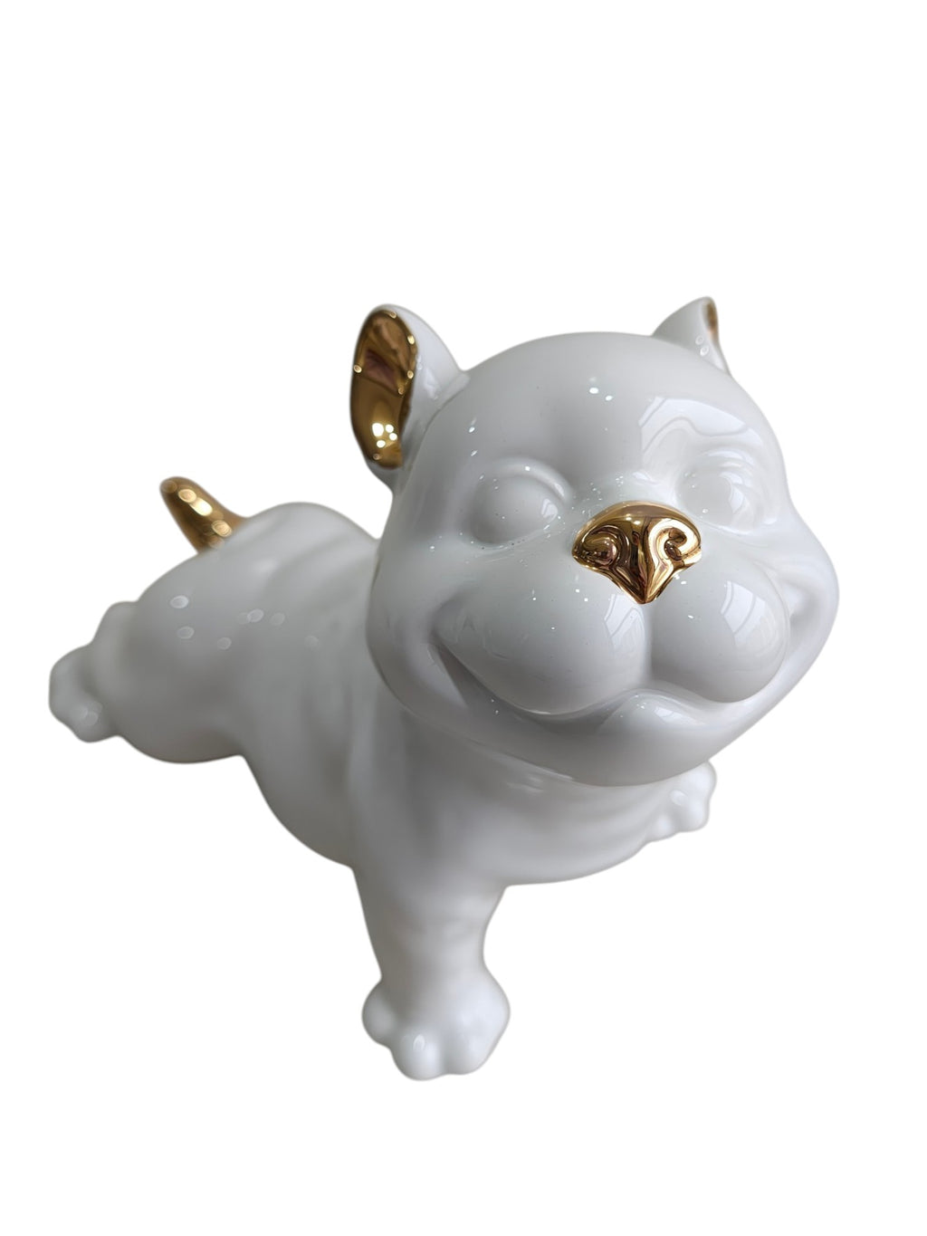 Glossy White Ceramic Puppy Figurine with Golden Accents