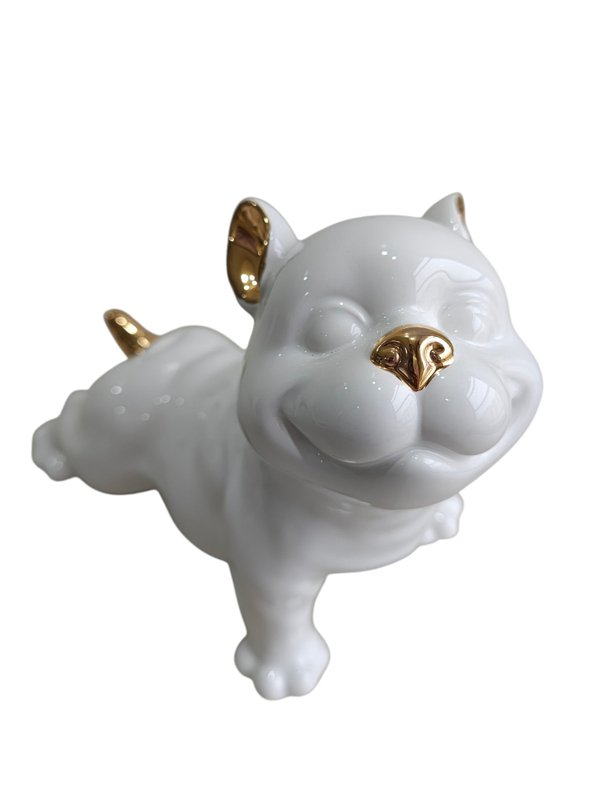Glossy White Ceramic Puppy Figurine with Golden Accents