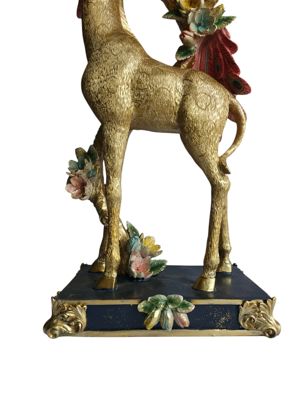 Golden Giraffe with Twin Peacocks Sculpture - Luxury Resin Table Decor