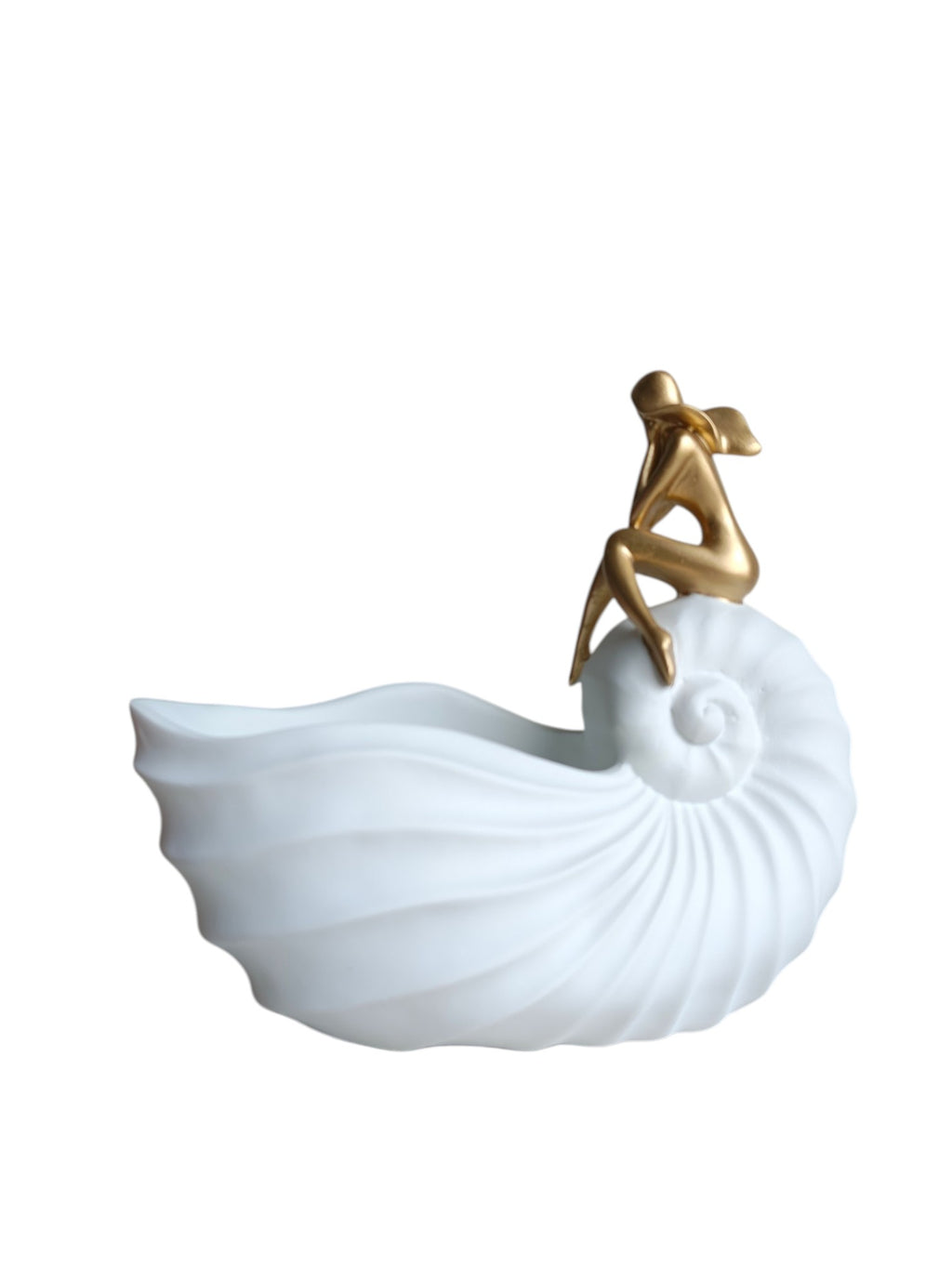 Lady Shell Bowl - Coastal White Shell Storage with Gold Figure