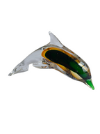 Sunset Splash - Amber & Emerald Handblown Glass Dolphin Figurine