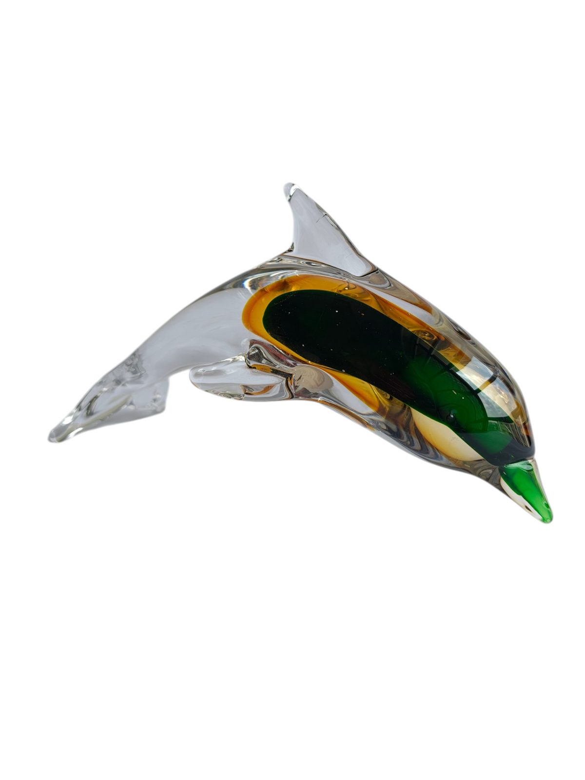 Sunset Splash - Amber & Emerald Handblown Glass Dolphin Figurine