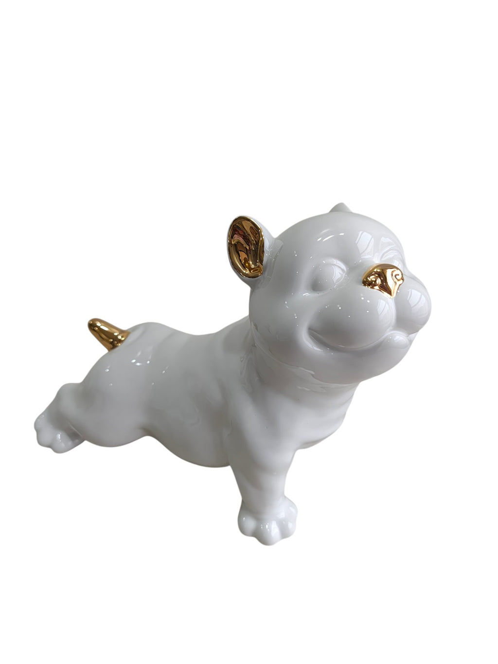 Glossy White Ceramic Puppy Figurine with Golden Accents
