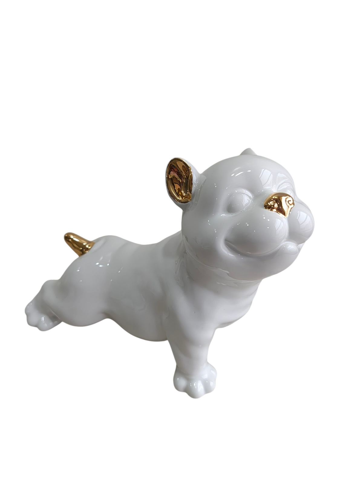 Glossy White Ceramic Puppy Figurine with Golden Accents