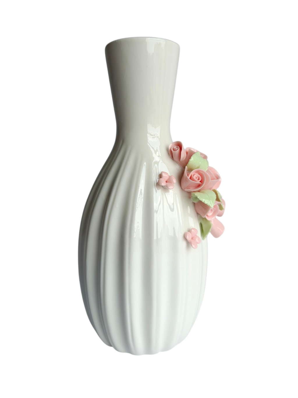 White Ceramic Vase with 3D Pink Rose Applique