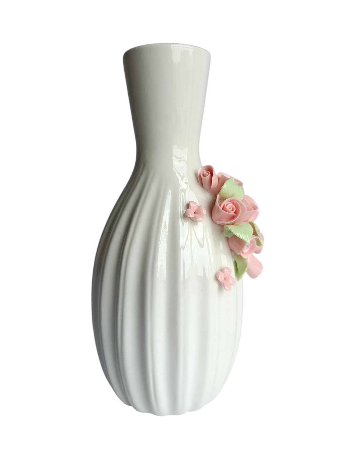White Ceramic Vase with 3D Pink Rose Applique