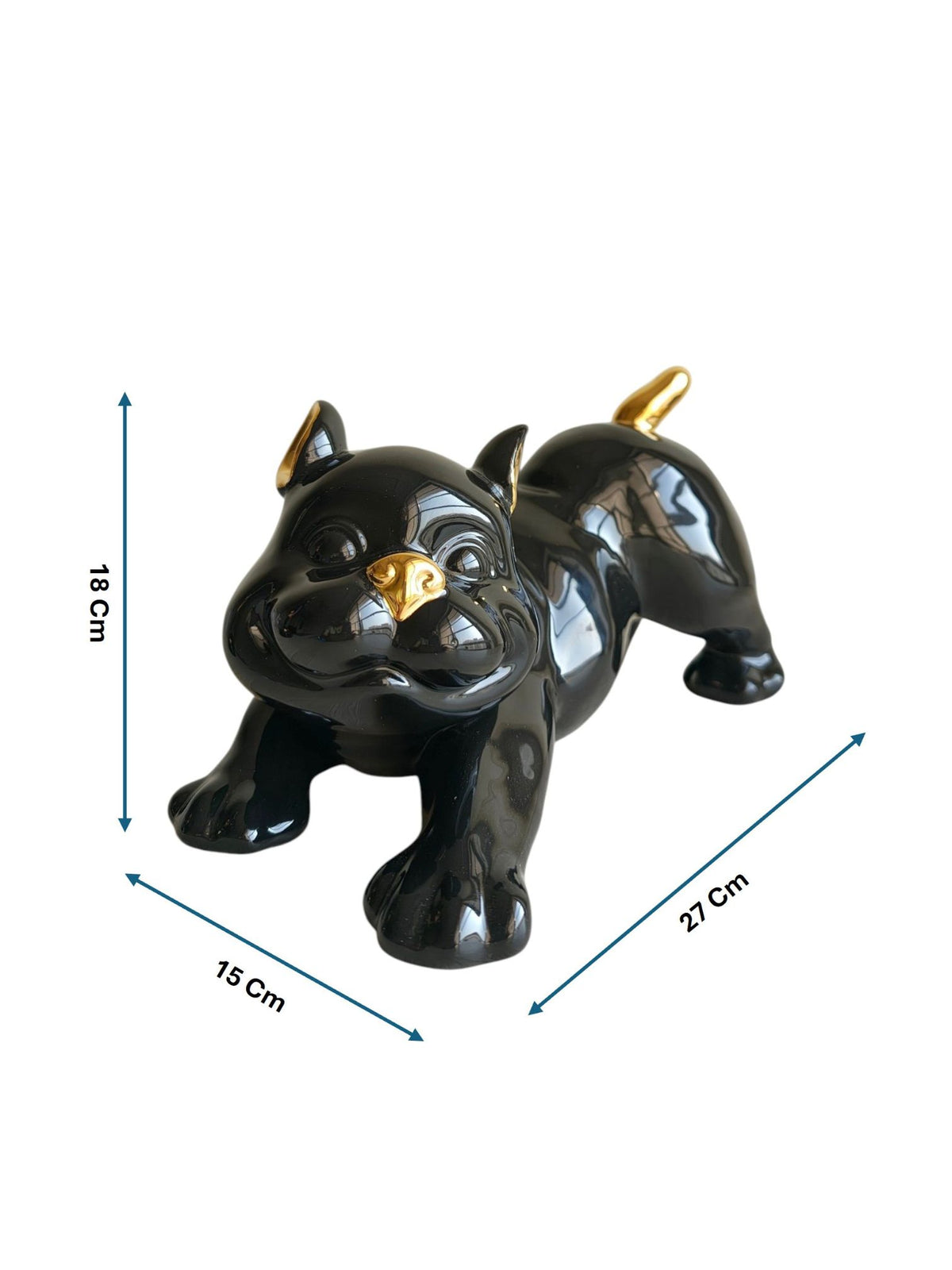 Playful French Bulldog - Glossy Black & Gold Ceramic Dog Sculpture (Stretching Pose)
