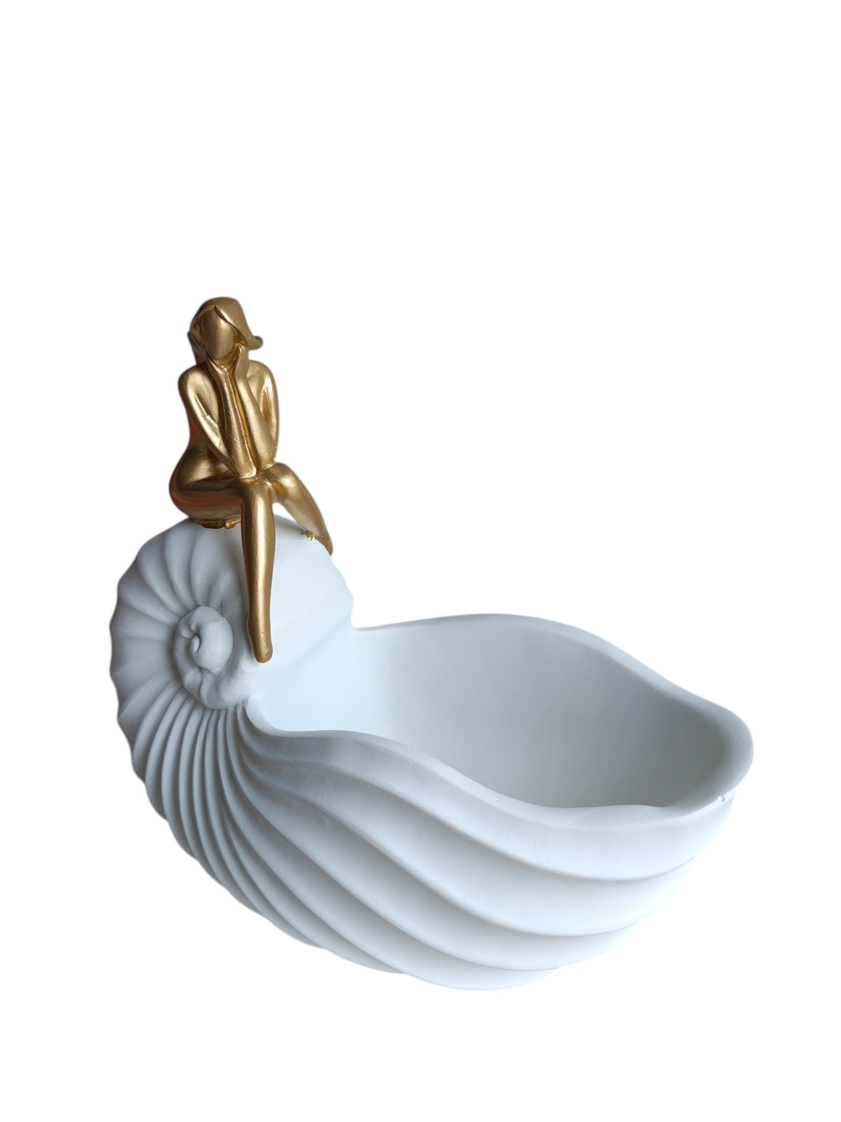 Lady Shell Bowl - Coastal White Shell Storage with Gold Figure