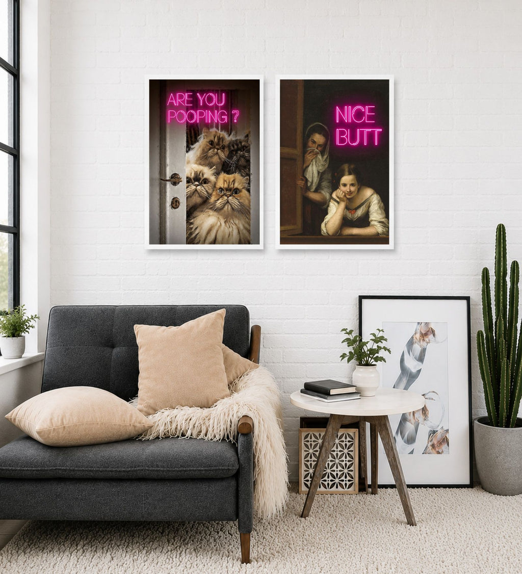 Quirky Neon Bathroom Poster Set of 2 – Funny Cat & Vintage Wall Art