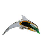 Sunset Splash - Amber & Emerald Handblown Glass Dolphin Figurine