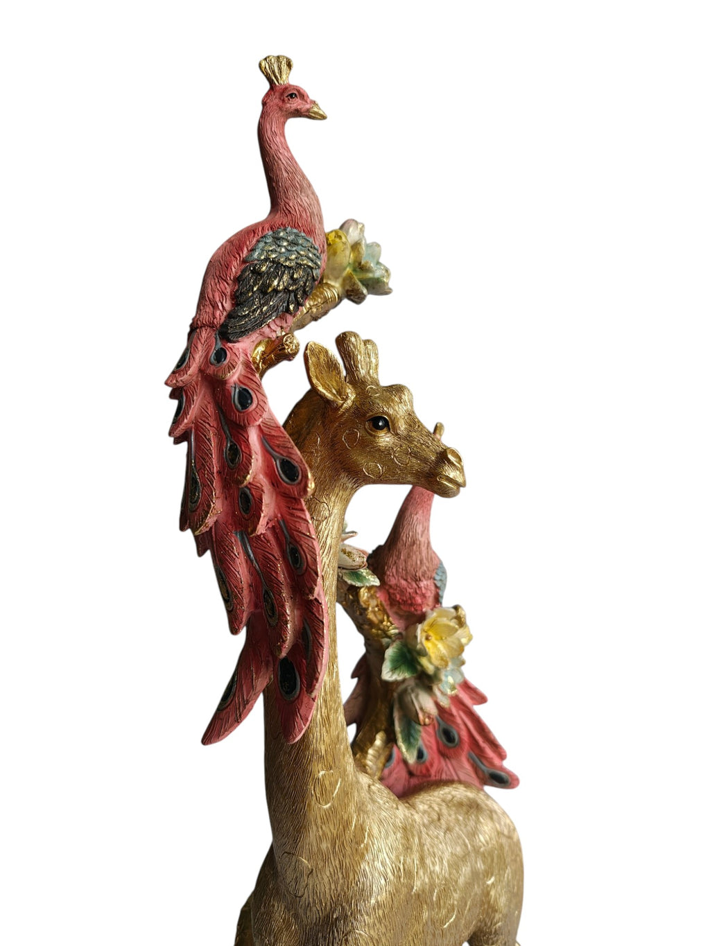 Golden Giraffe with Twin Peacocks Sculpture - Luxury Resin Table Decor