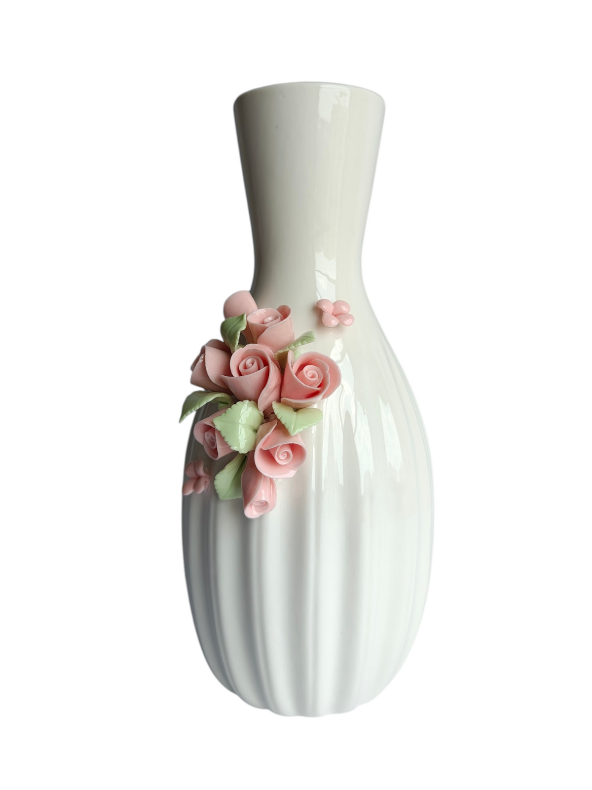 White Ceramic Vase with 3D Pink Rose Applique