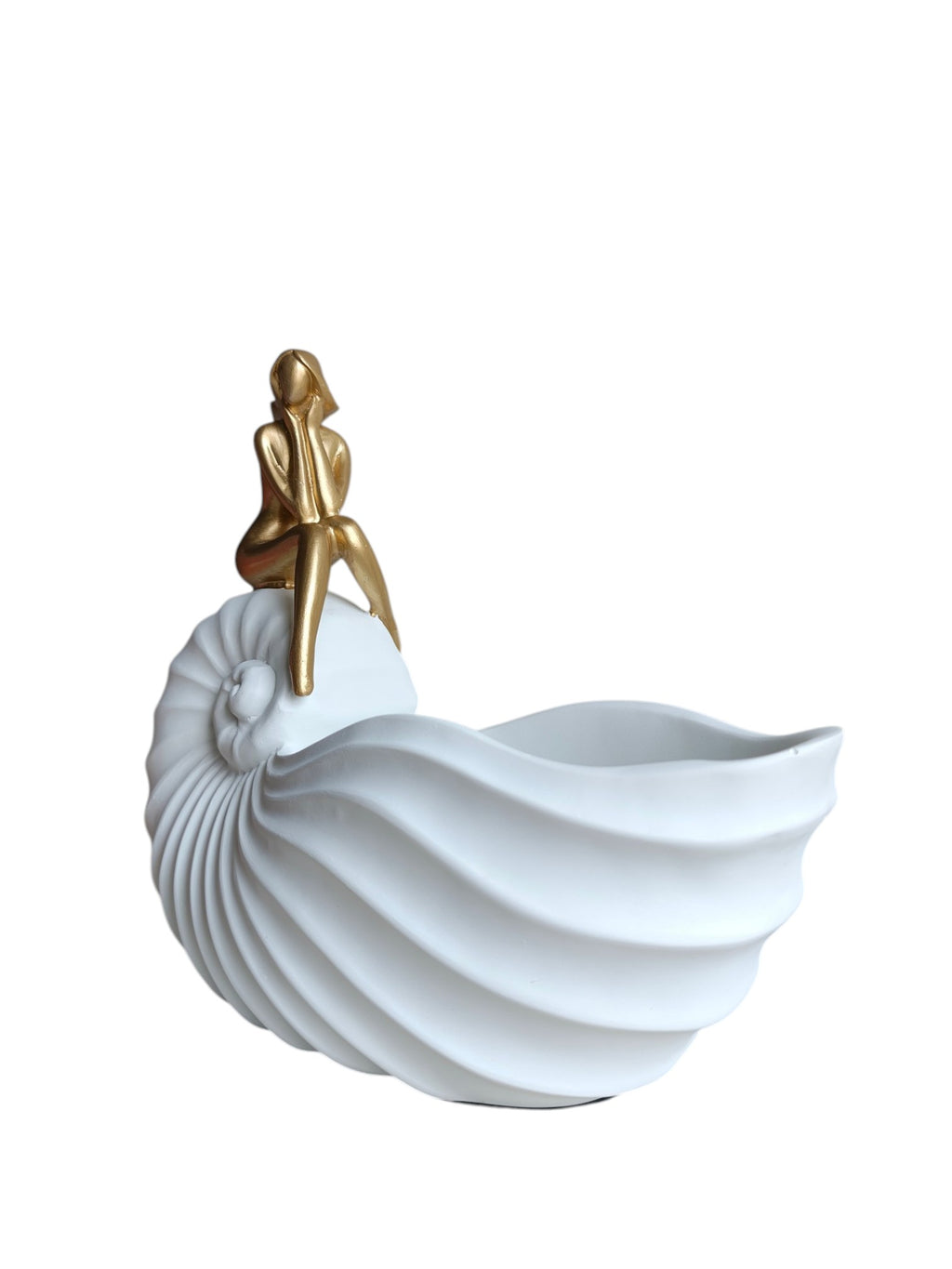 Lady Shell Bowl - Coastal White Shell Storage with Gold Figure