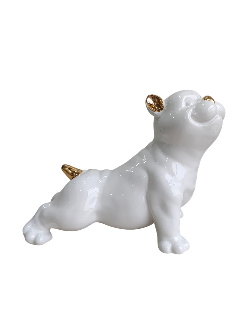 Glossy White Ceramic Puppy Figurine with Golden Accents