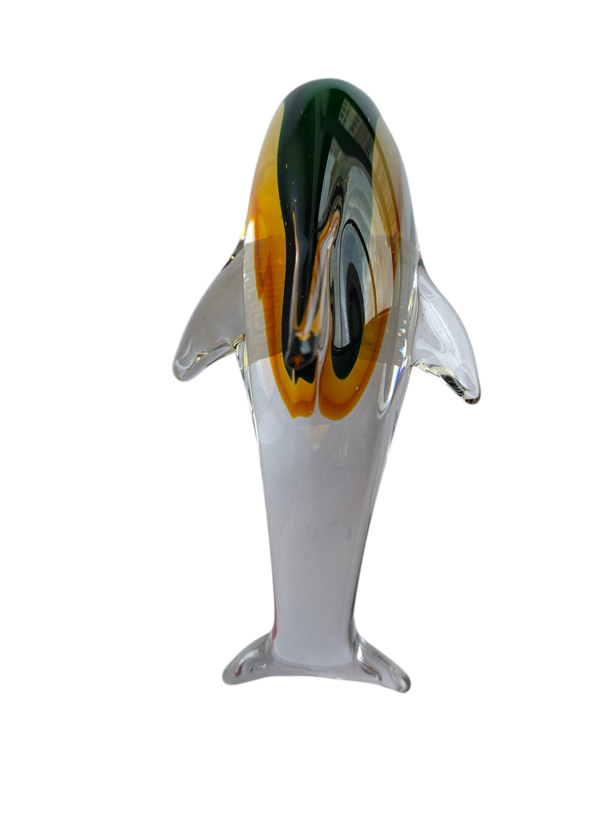 Sunset Splash - Amber & Emerald Handblown Glass Dolphin Figurine