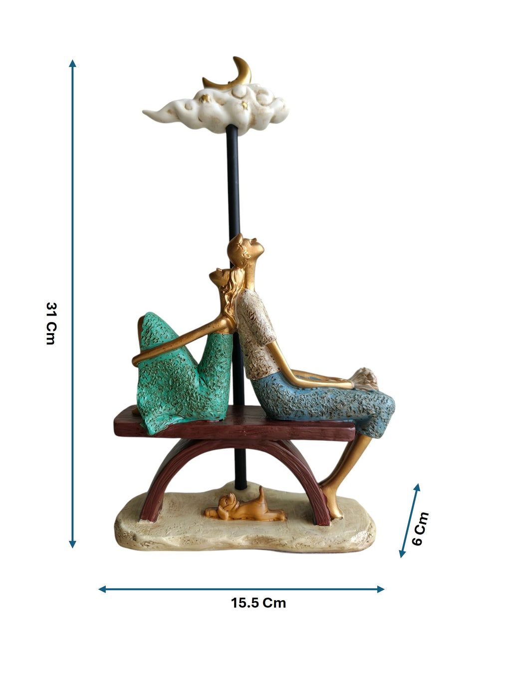Moonlit Dream Couple - Romantic Bench Figurine with Crescent Moon Cloud (Turquoise Green & Blue)