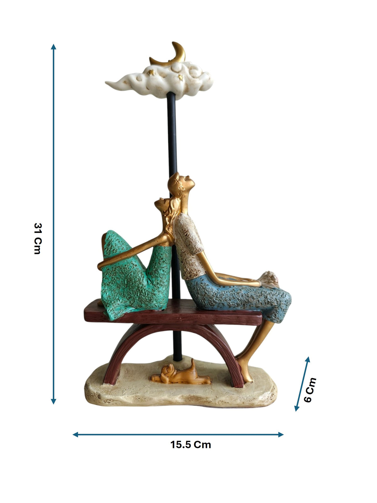 Moonlit Dream Couple - Romantic Bench Figurine with Crescent Moon Cloud (Turquoise Green & Blue)