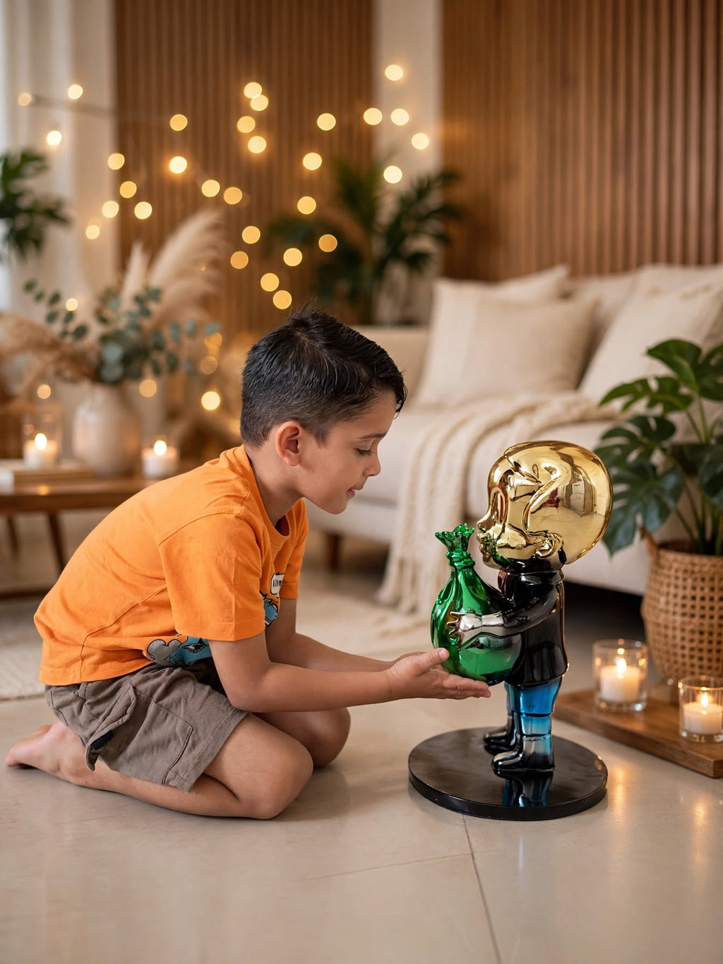Richie Rich Pop Art Sculpture with Gold Head & Green Money Bag