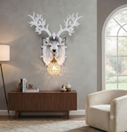 SOLODECOR Deer Head Crystal Ball Wall Sconce – White Resin Antler Light