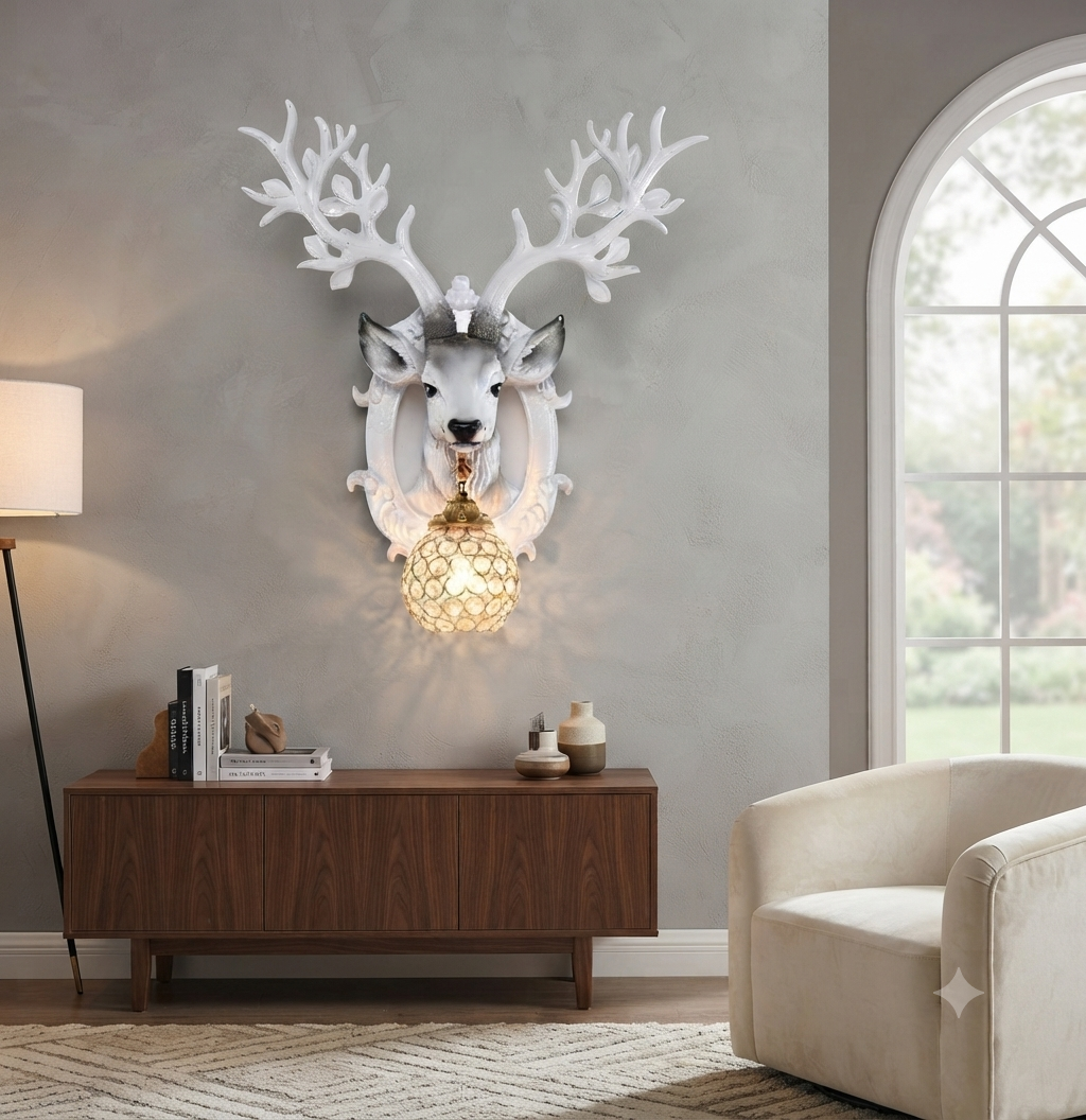 SOLODECOR Deer Head Crystal Ball Wall Sconce – White Resin Antler Light