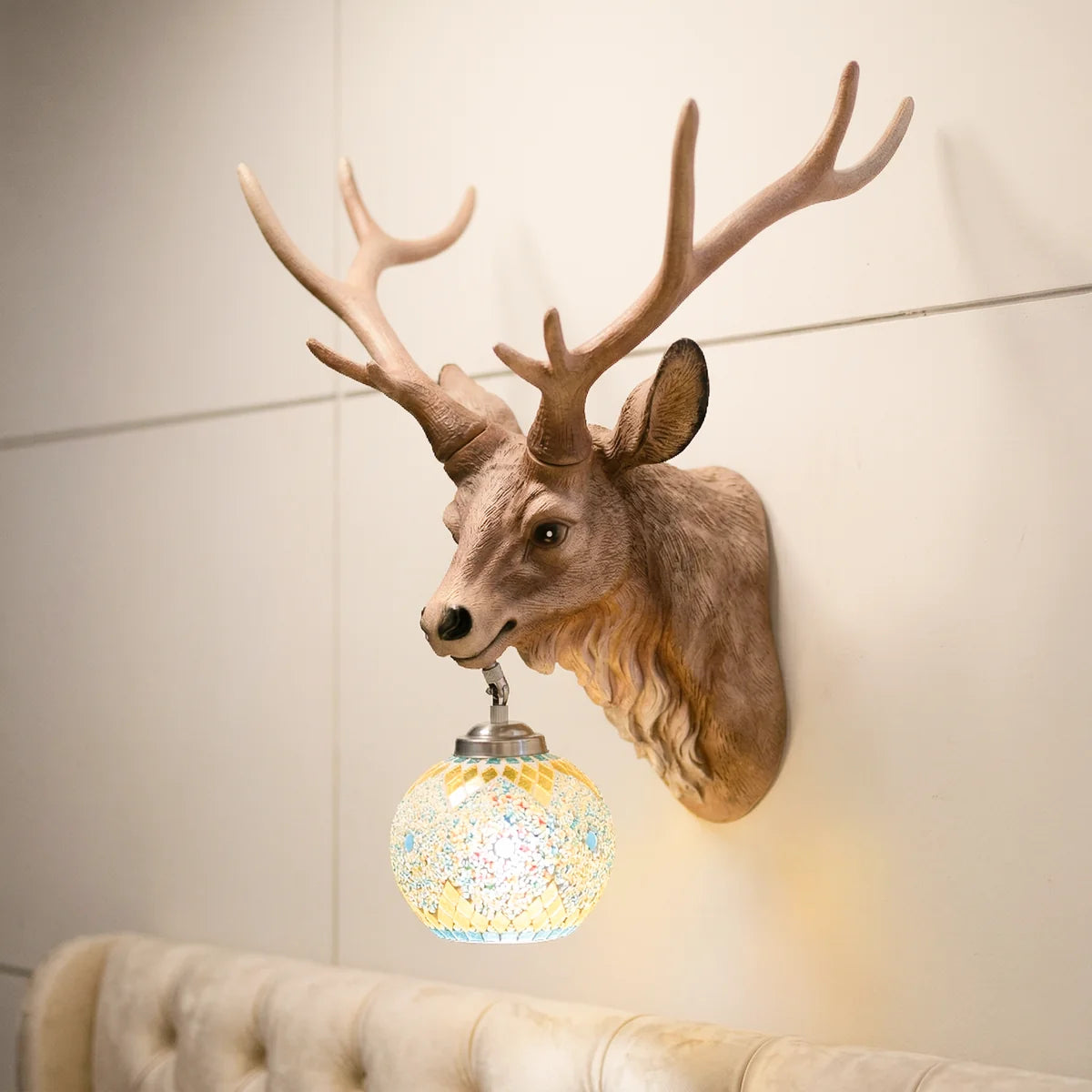 Vintage Heritage Deer Head Stained Glass Wall Light