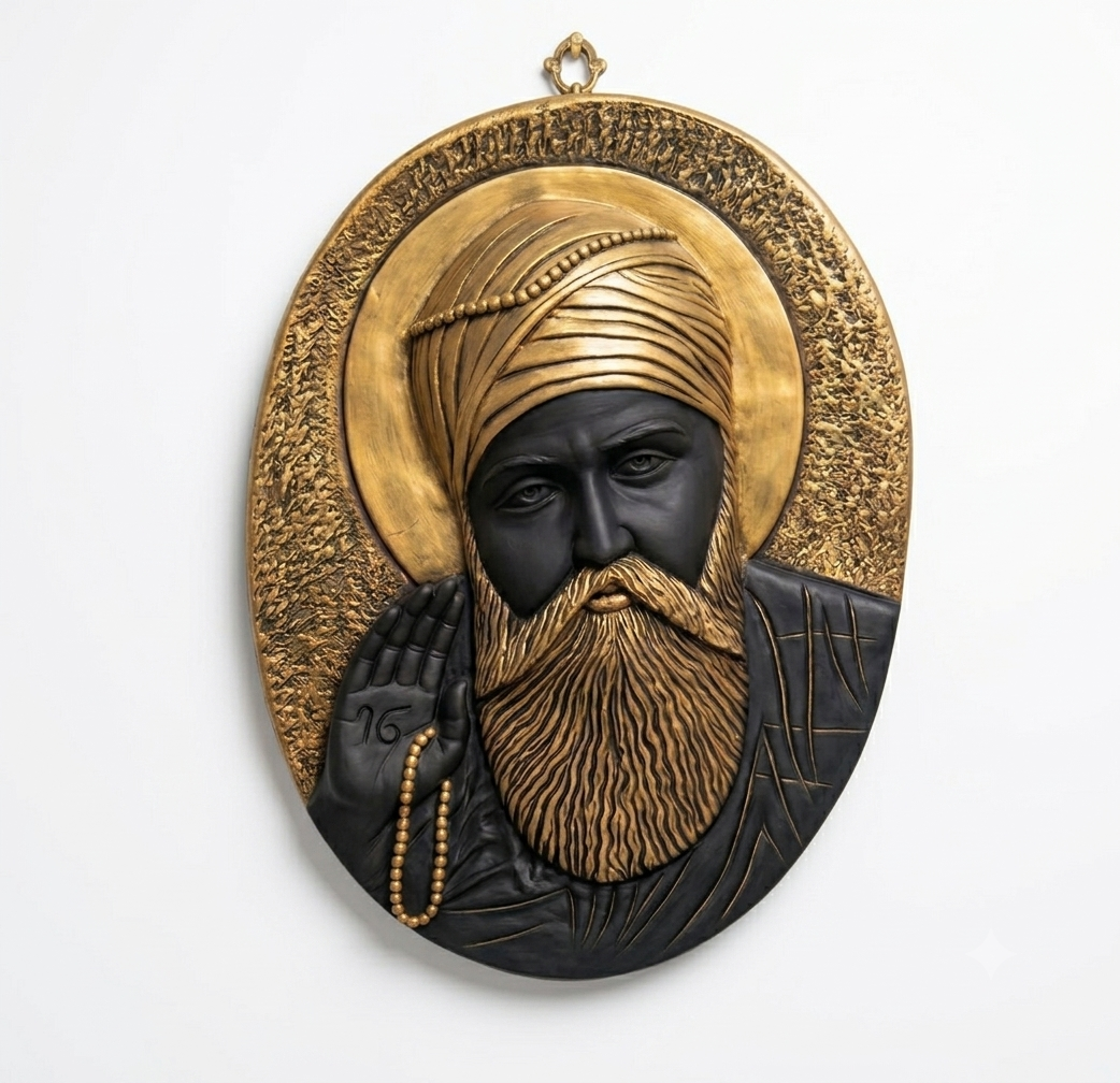 Divine Aura: 3D Black & Gold Guru Nanak Wall Sculpture