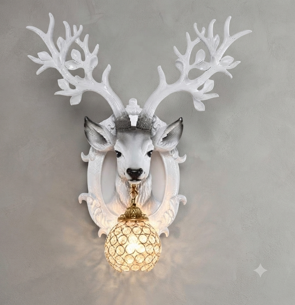SOLODECOR Deer Head Crystal Ball Wall Sconce – White Resin Antler Light