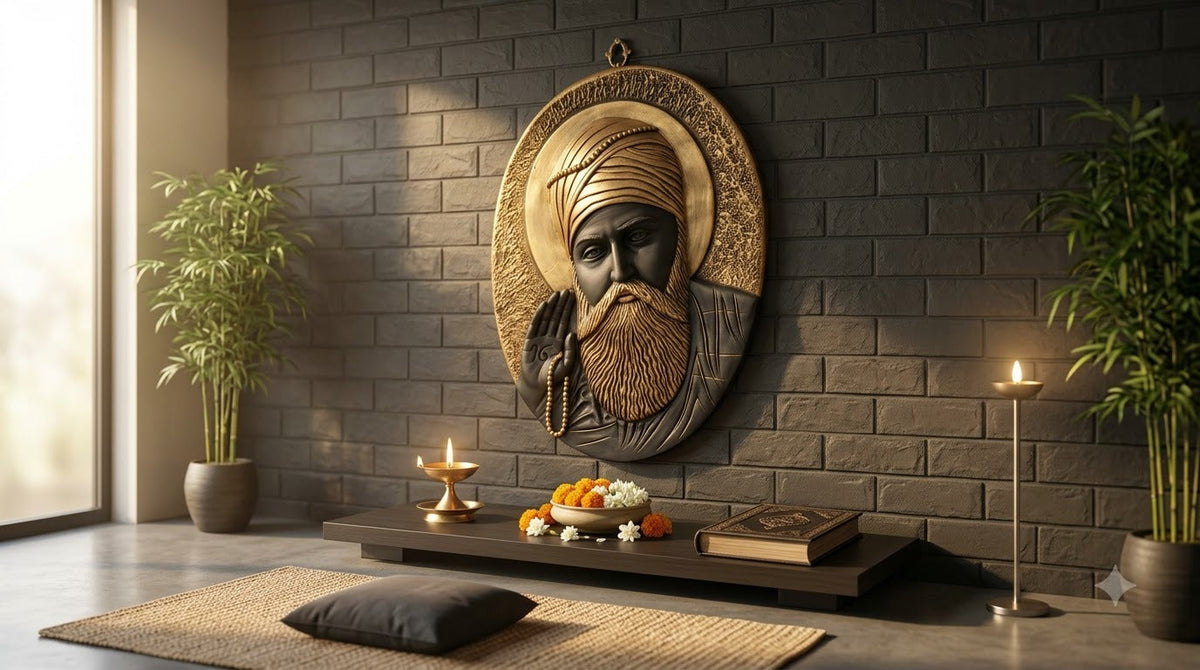 Divine Aura: 3D Black & Gold Guru Nanak Wall Sculpture