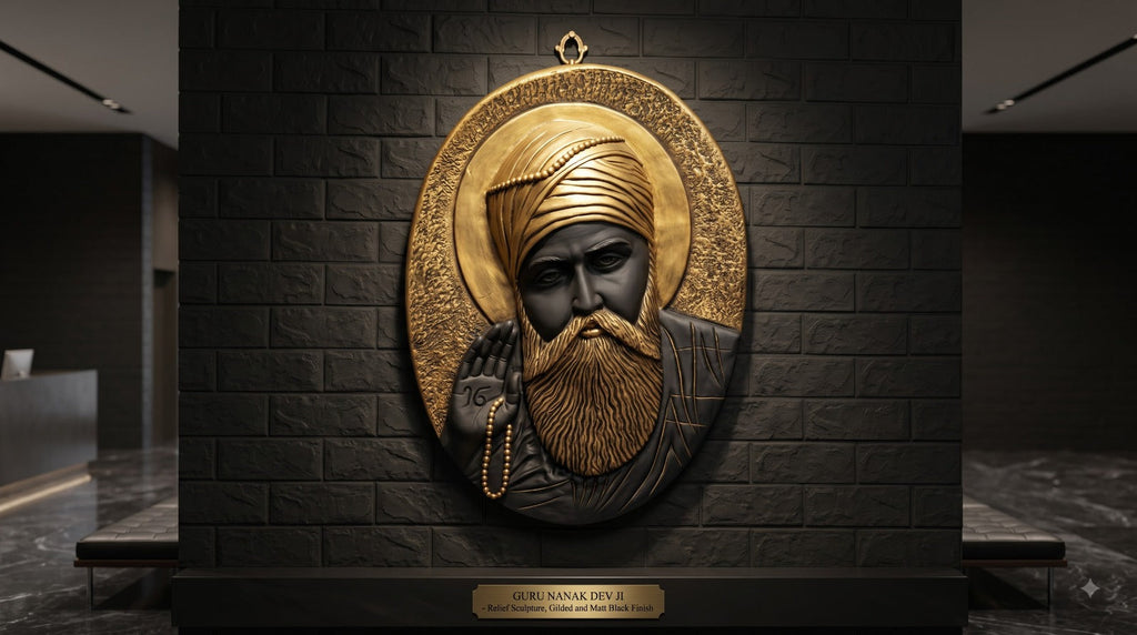 Divine Aura: 3D Black & Gold Guru Nanak Wall Sculpture