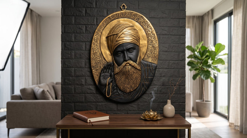 Divine Aura: 3D Black & Gold Guru Nanak Wall Sculpture